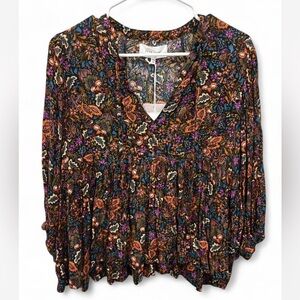 NWT Dear John Floral Print Boho Flowy Blouse XS V Neck Shimmer‎ Peasant Babydoll